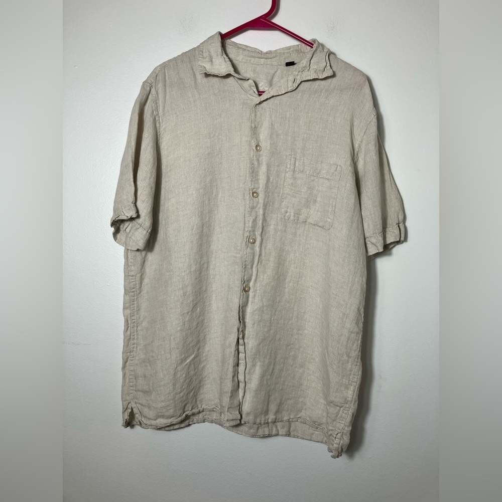 TassoElba 100% Linen Button Down Shirt Sz L Beige Short Sleeve Beach Lightweight